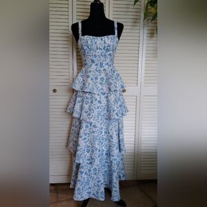 Selfie Leslie Blue Floral Peplum Ruffle Tiered Midi Dress Bow Back XS